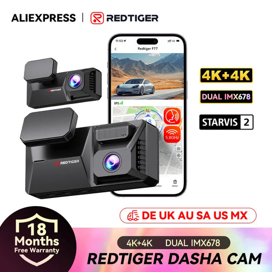 REDTIGER F77 Dashcam – Front and Rear 4K+4K HDR, Sony STARVIS 2 Super Night Vision, Voice Control, 5.8GHz WiFi Dual Dash Cam