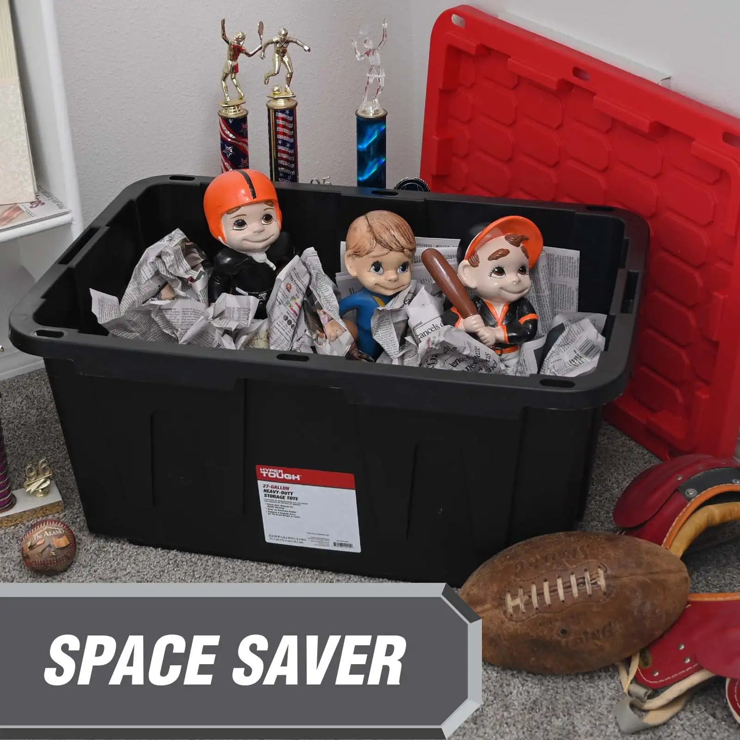 4-Pack 27 Gallon Large Storage Bins – Stackable Plastic Containers with Snap-On Lid, Black & Red