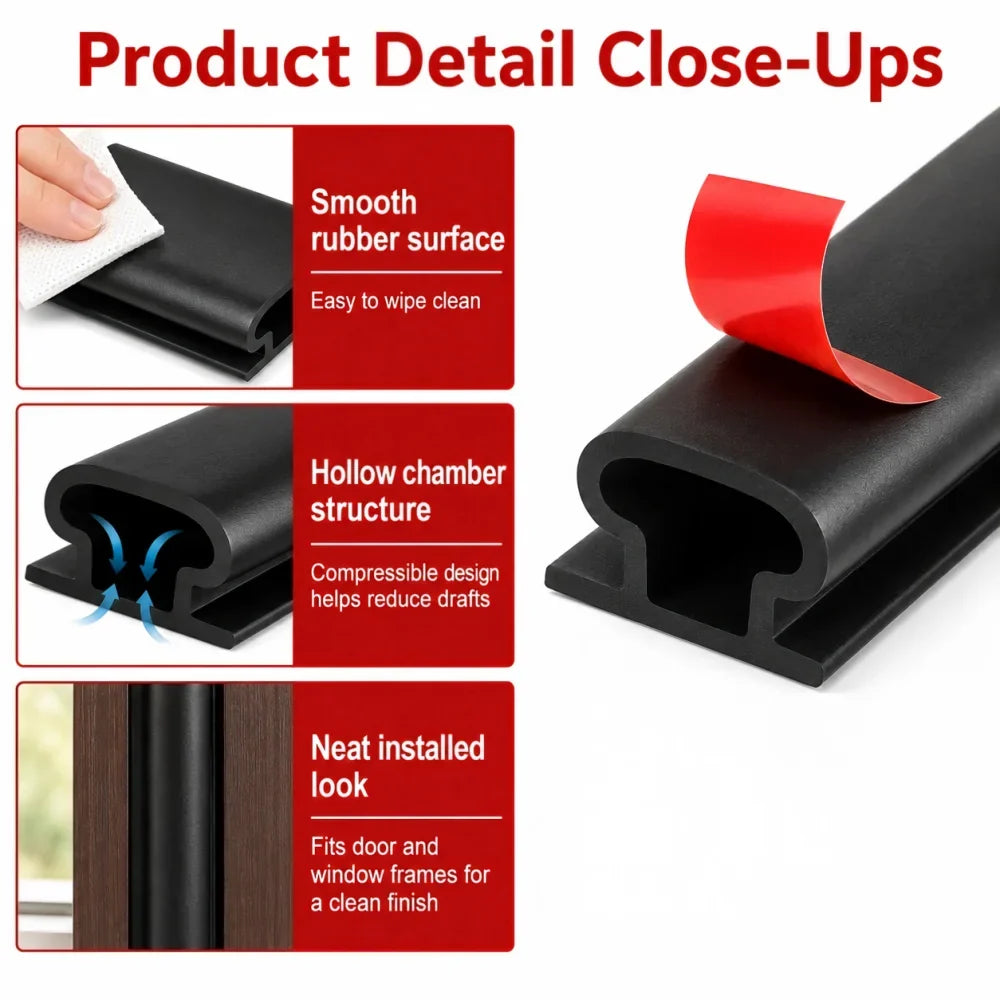 Self-Adhesive Door Seal Strip - 6M Rubber Soundproof Weather Stripping for Windows & Door Frames, Hollow Gap Filler Insulation
