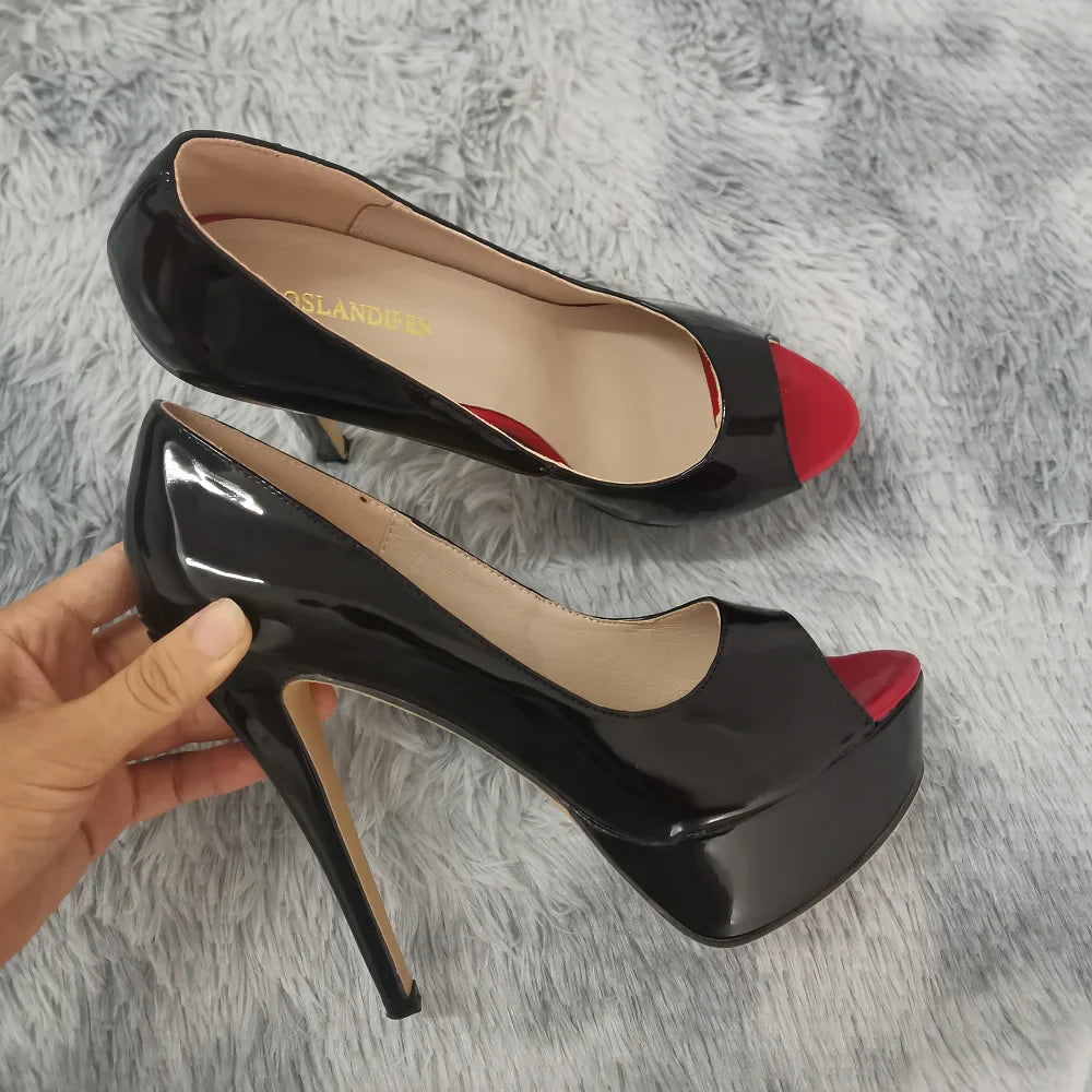 Women’s Sexy Platform Peep Toe Pumps – 14cm Stiletto Patent Leather High Heels for Party & Wedding