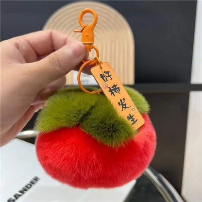 2024 Real Rabbit Fur Mini Persimmon Keychain – Cute Plush Rex Fur Pendant for Bags, Cars, and Gifts