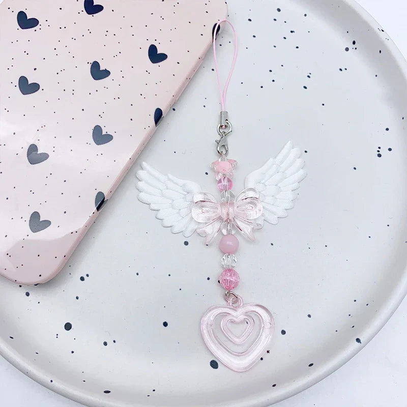 Wings Bow Heart Phone Charm - Sweet Mobile Strap Chain & Keychain Bag Accessory for Girls and Women