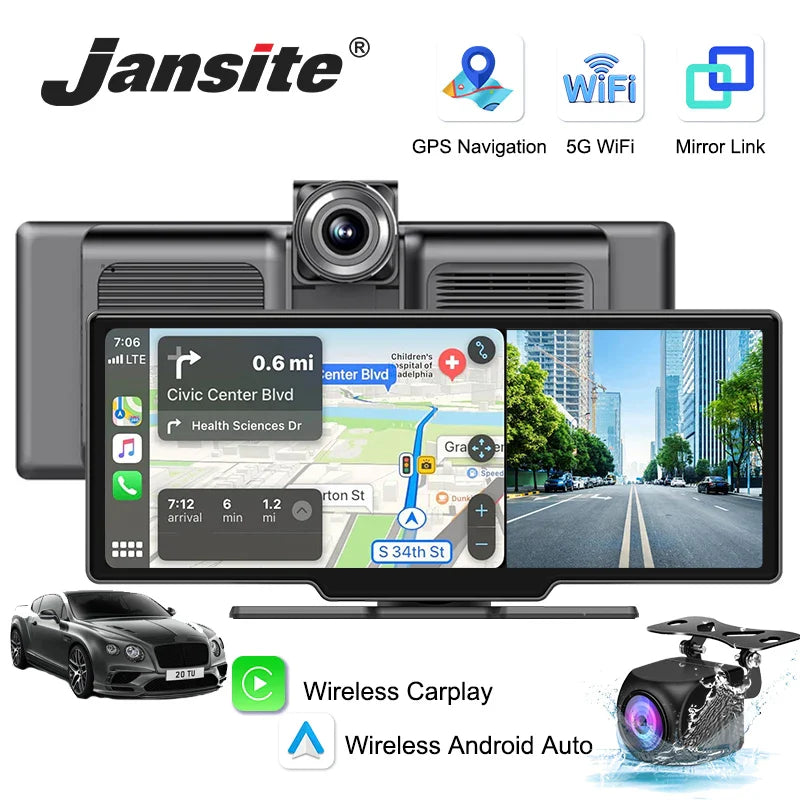 10.26'' 4K Dash Cam Car Mirror Video Player - Wireless CarPlay, Android Auto, GPS, and Rearview Camera Monitor