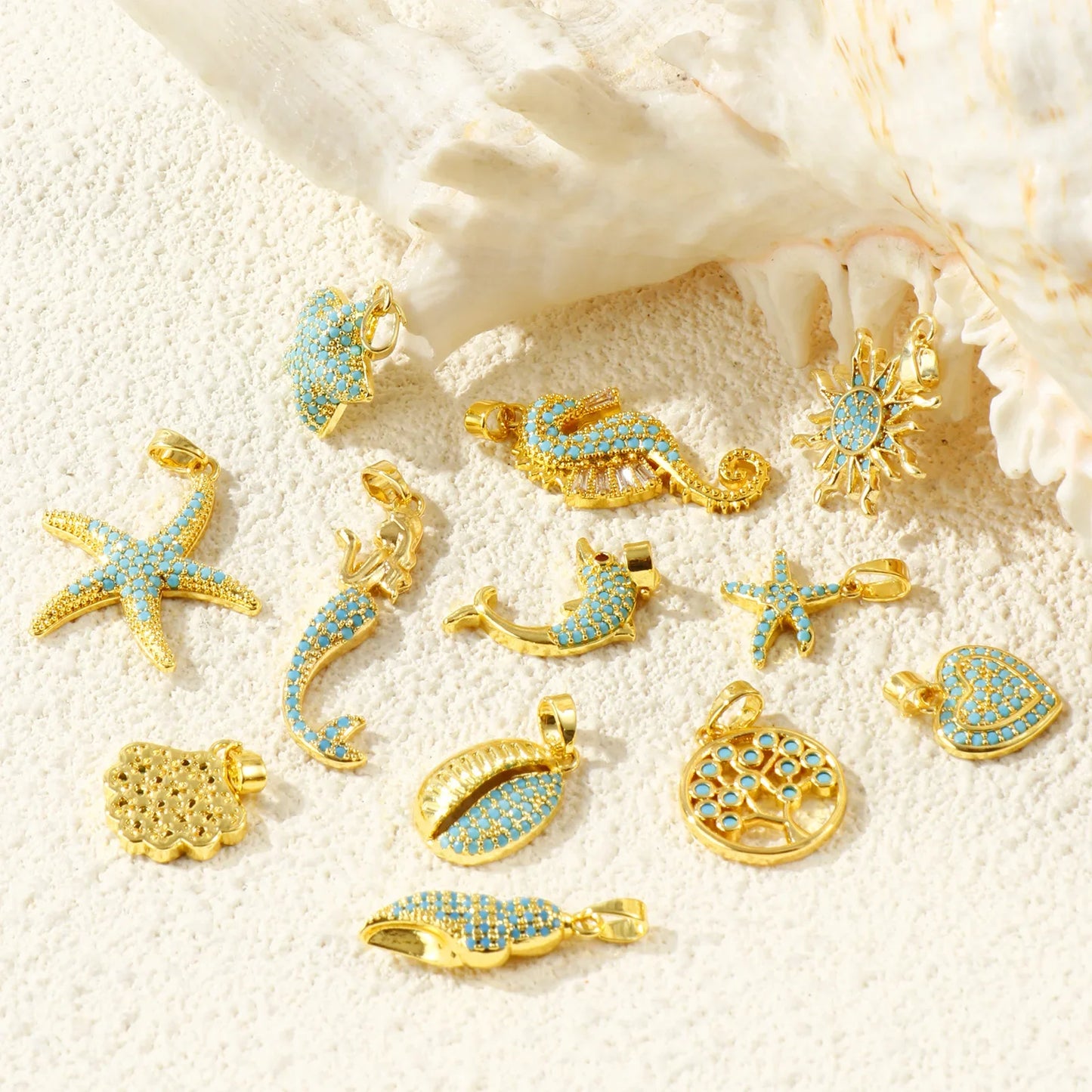 Blue Cubic Zirconia Ocean Charm Pendant Set – 18K Gold Plated Starfish, Mermaid & Conch DIY Necklace Jewelry