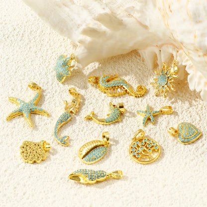 Blue Cubic Zirconia Ocean Charm Pendant Set – 18K Gold Plated Starfish, Mermaid & Conch DIY Necklace Jewelry