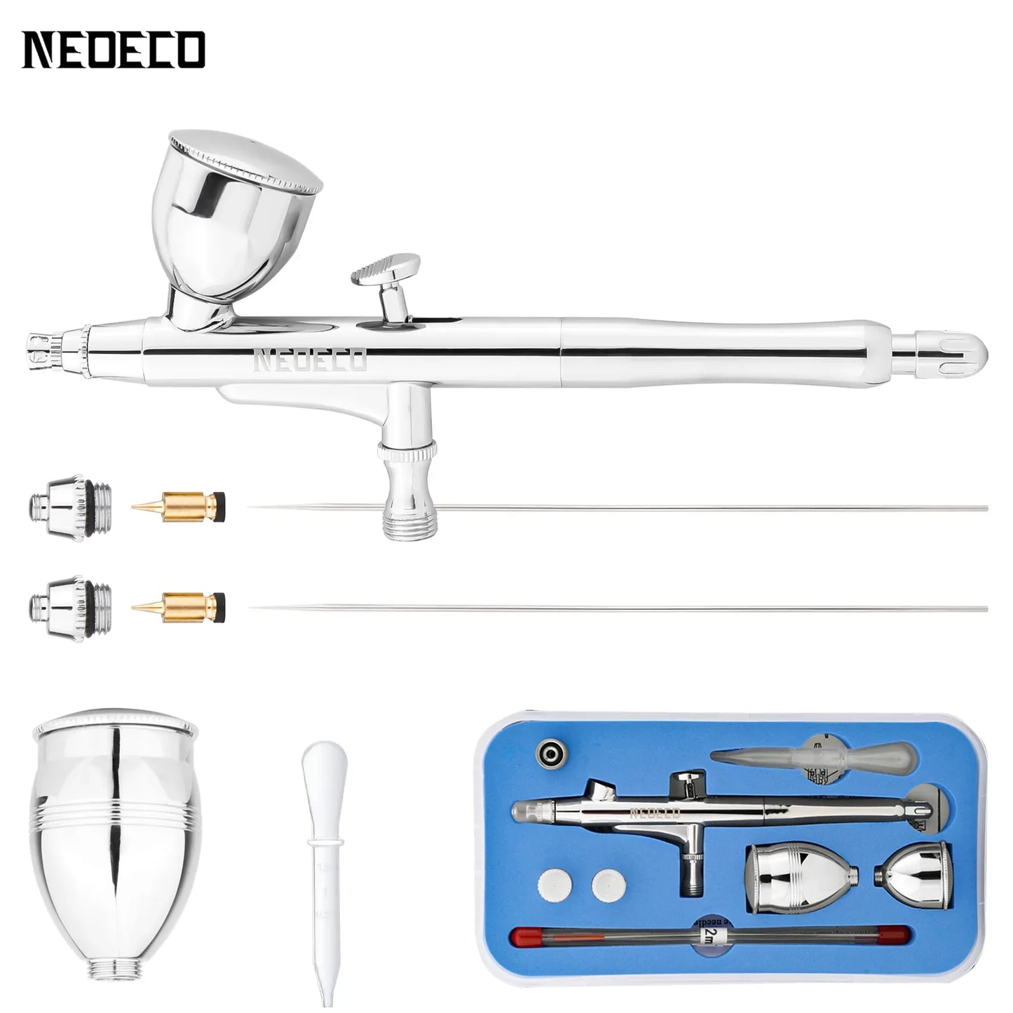 Dual-Action Airbrush with Auto-Centering Nozzle, 7cc/13cc Cups, 0.2/0.3/0.5mm Needles for Modeling, Makeup, Nail Art & Painting