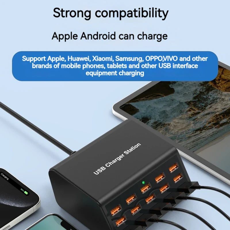 100W Desktop USB Charger — 15-Port Fast Charging Station for iPhone, iPad & Samsung Tablets