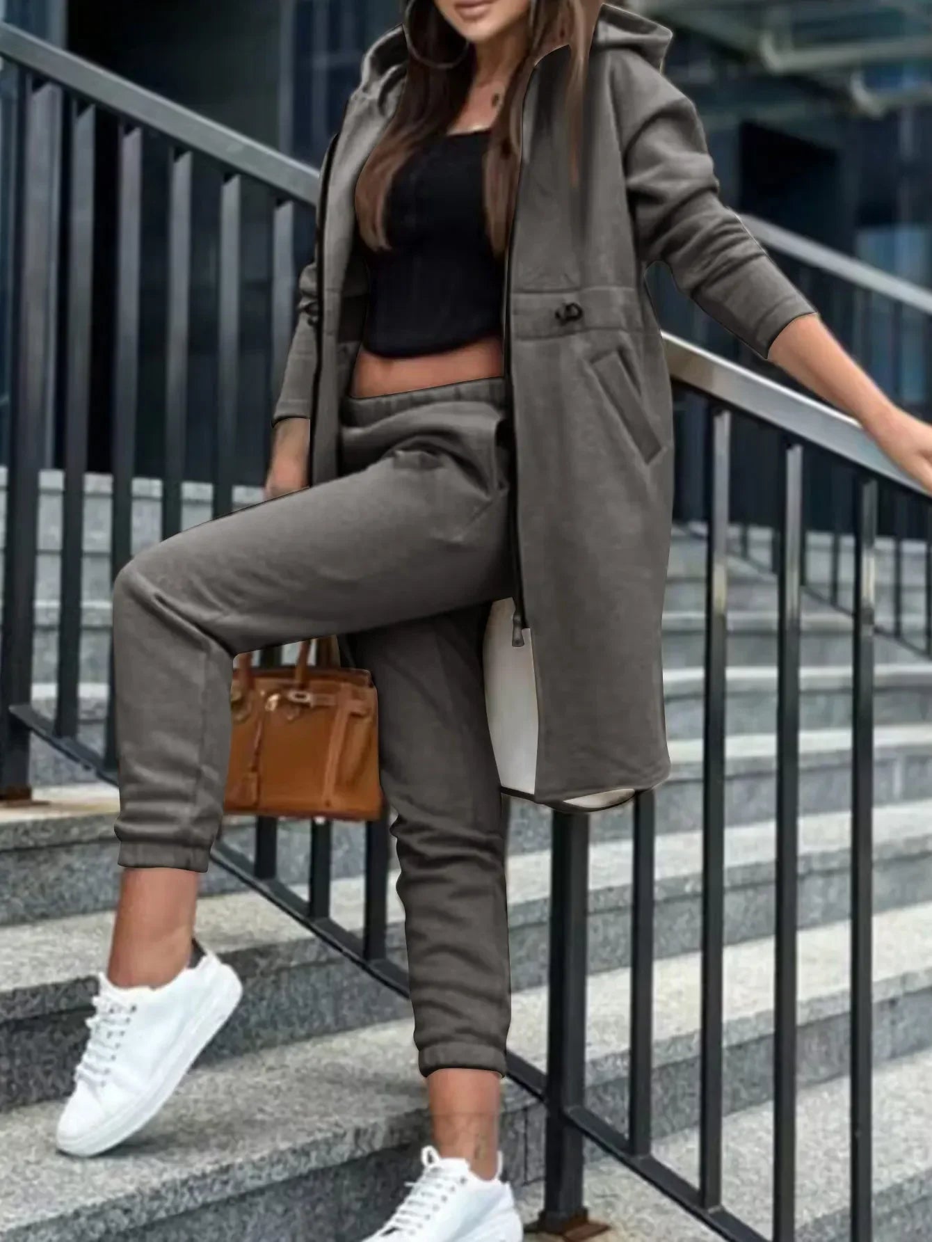Autumn Winter Women's Hooded Jacket & Trousers Set – Casual Two-Piece Everyday Outfit