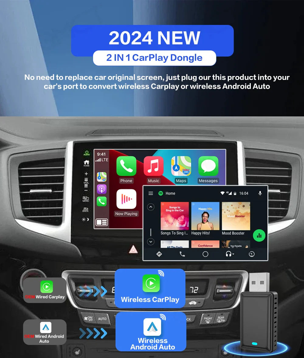 Tripodpie 2 in 1 Wireless CarPlay Adapter – Android Auto Smart USB Dongle, Plug & Play for Havel, Kia, Volvo, Audi, MG, VW, Hyundai, Jeep