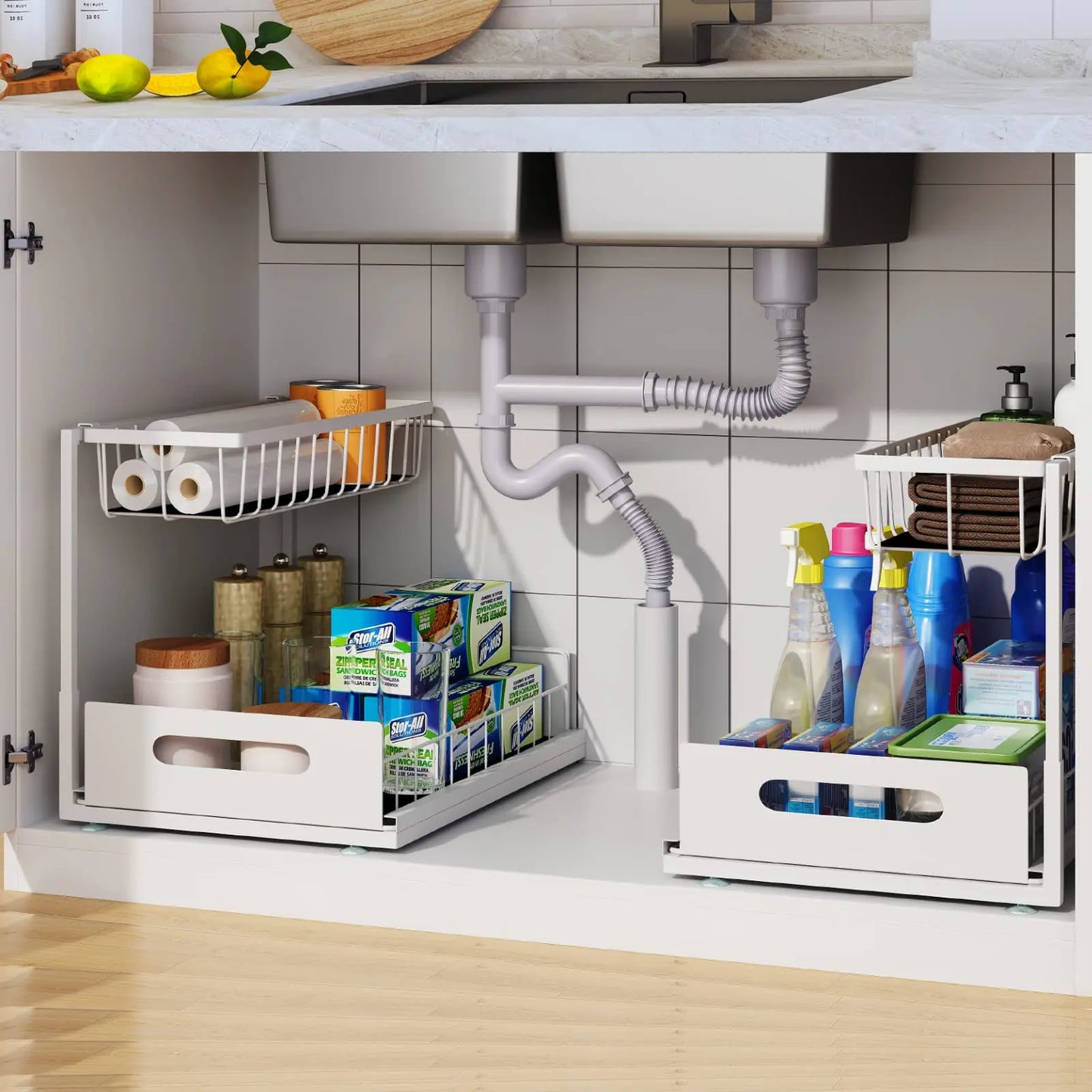 Under Sink 2-Tier Sliding Cabinet Organizer — Pull-Out Basket Drawer for Bathroom & Kitchen Storage