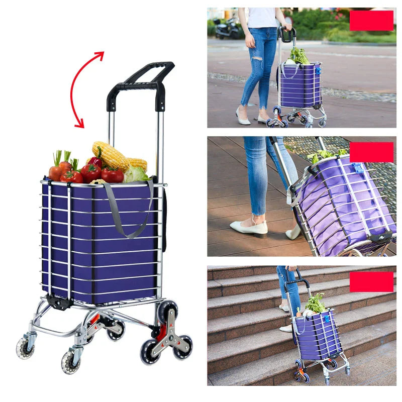 Aluminum Alloy Folding Grocery Cart – Portable Lightweight Shopping Trolley with Step Climbing for Supermarket & Food