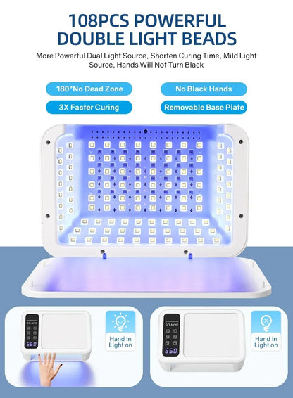 480W UV LED Nail Lamp – 108 LEDs Nail Dryer with Red Light Whitening Mode, Large Space, 4 Timer Settings