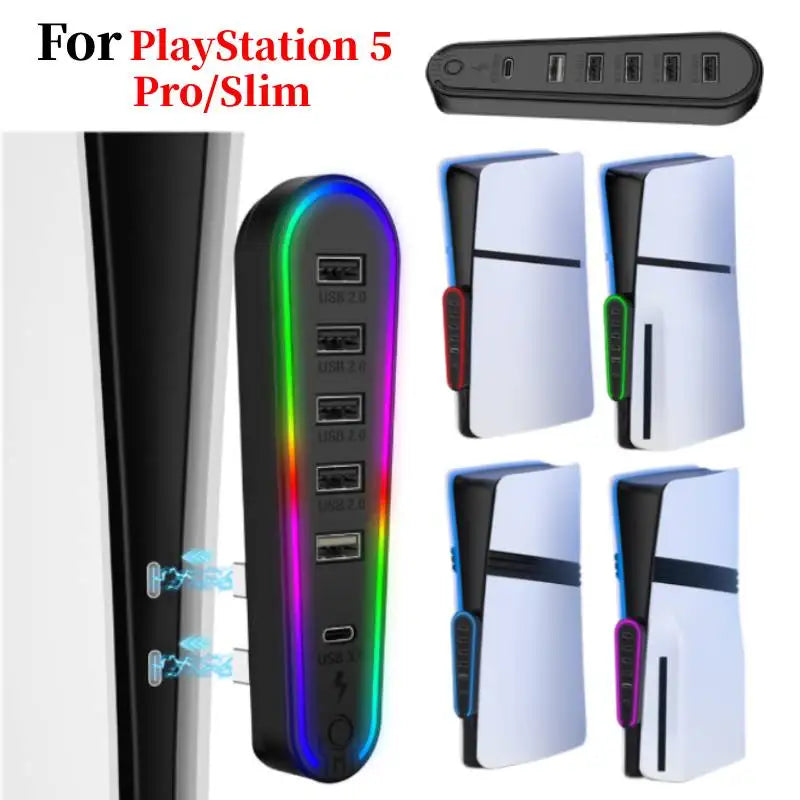 PS5 Slim/Pro 6-in-1 USB Hub Splitter – Controller Charging Expansion Adapter with 5 RGB Lights (JYS-P5231) for PlayStation 5 Accessories