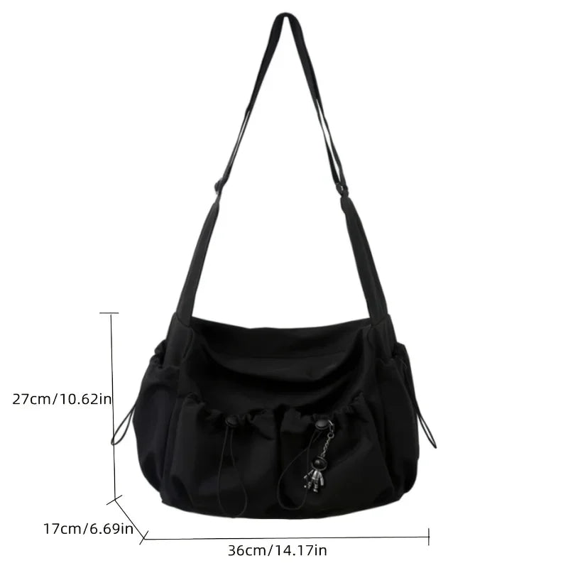 Women’s Fashion Crossbody Bag with Drawstring Detail – Spacious Zipper Shoulder Purse with Stylish Bag Charm