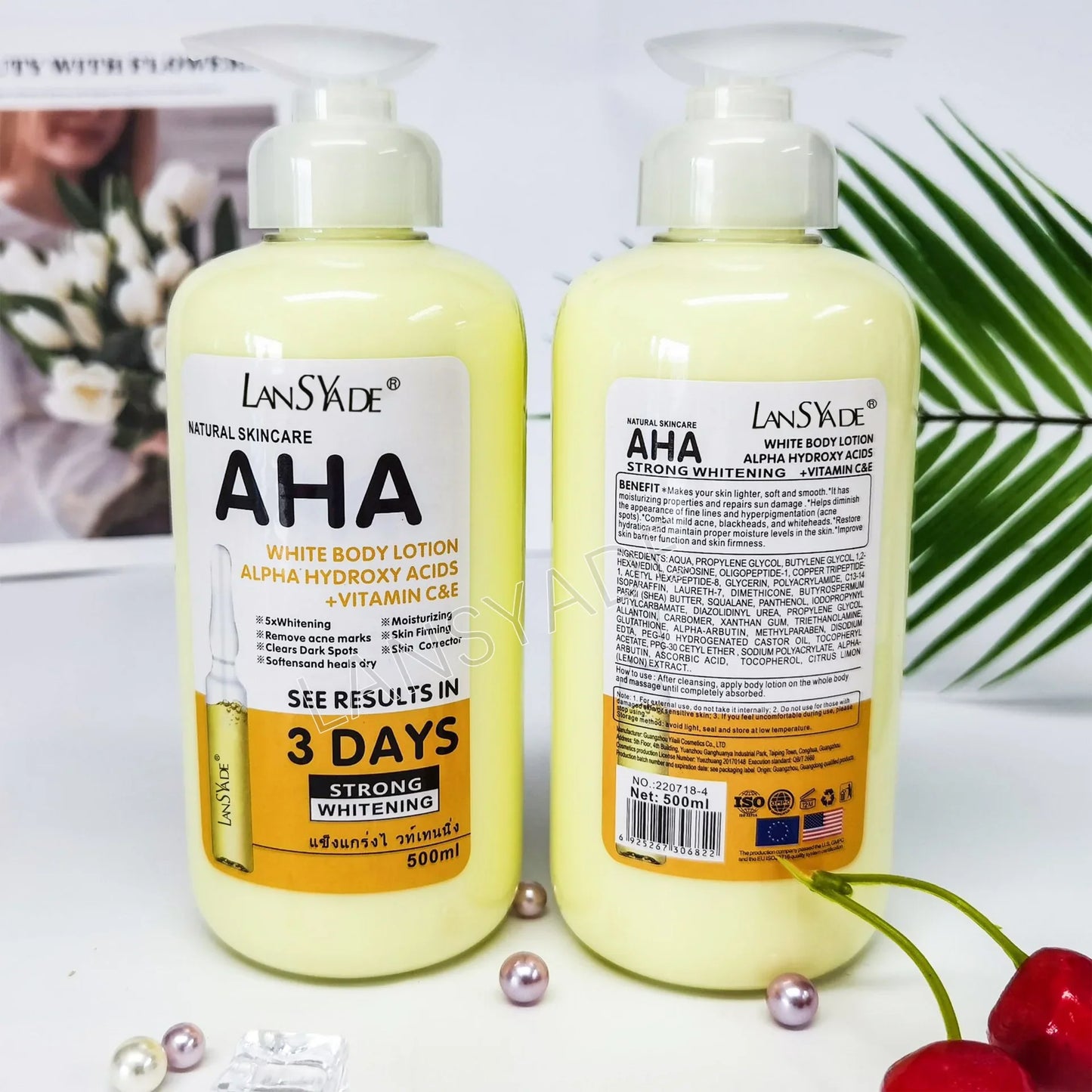 500ml Whitening Body Lotion with Alpha Hydroxy Acids, Vitamin C & E – Fast Moisturizing & Lightening Cream for Skin Brightening