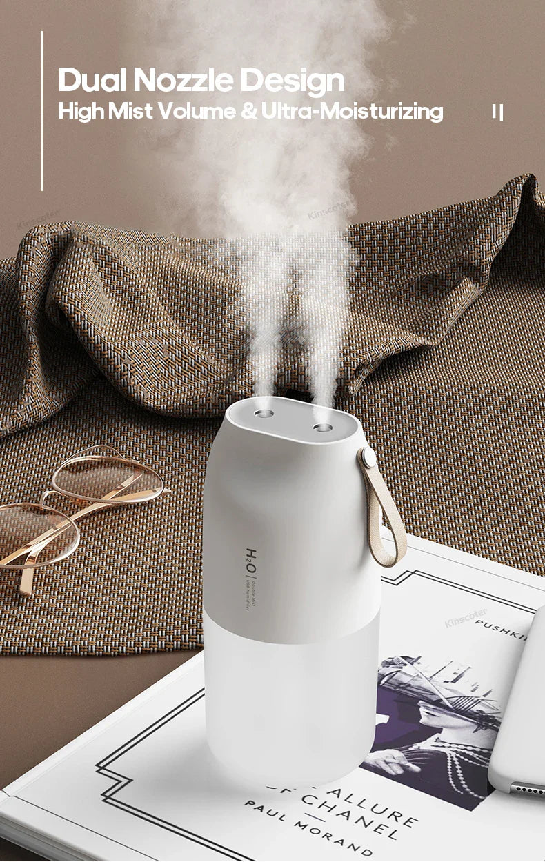 KINSCOTER Portable Double Mist Air Humidifier – 300ml Cold Mist Diffuser, 2000mAh Car Air Purifier & USB Mini Air Freshener