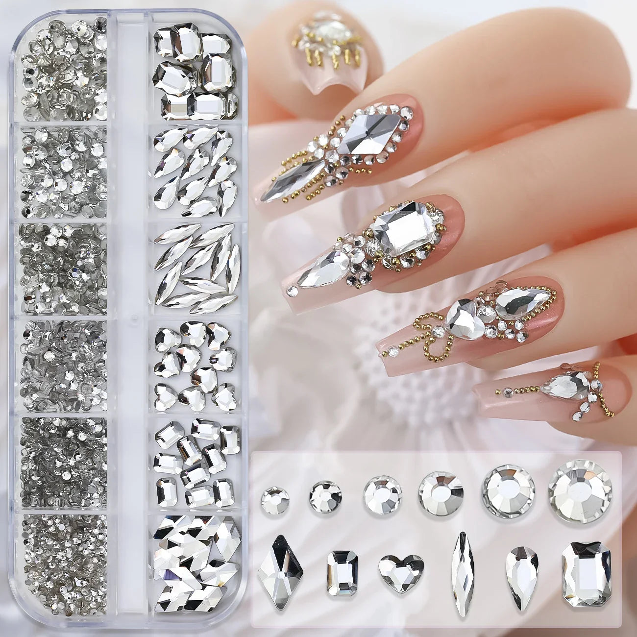 12-Grid 3D Glass AB Crystal Nail Art Rhinestones Kit – Flatback Round Beads with Tools for Nail Jewelry & Diamond Decoration