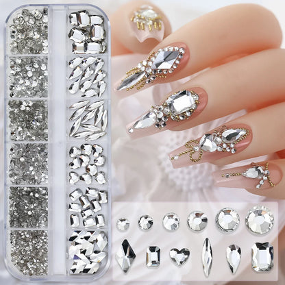 12-Grid 3D Glass AB Crystal Nail Art Rhinestones Kit – Flatback Round Beads with Tools for Nail Jewelry & Diamond Decoration