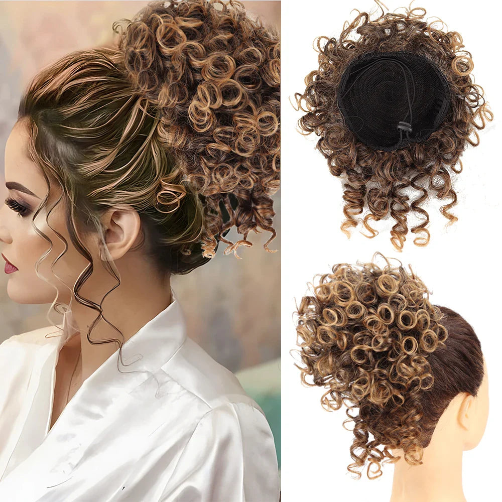 Synthetic Messy Bun Hair Piece – 60g Elastic Drawstring Curly Wave Hair Bun Extension for Women (Dark Brown)
