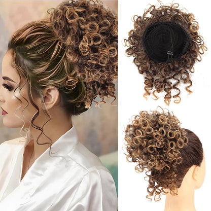 Synthetic Messy Bun Hair Piece – 60g Elastic Drawstring Curly Wave Hair Bun Extension for Women (Dark Brown)