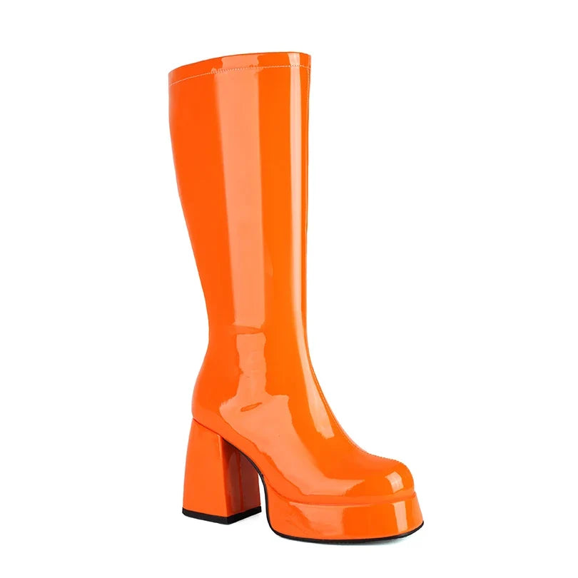 Women’s Plus Size Patent Leather Knee Boots - Square Toe Platform Thick Heel Plush Lined Side Zipper Boots