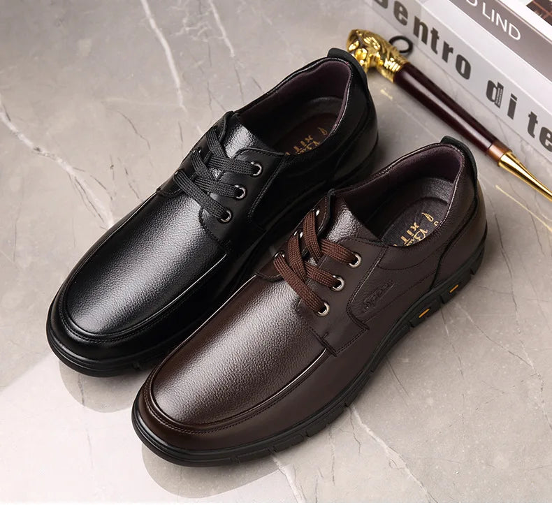 Men's Genuine Leather Casual Shoes - Soft Sole Lace-Up Loafers, Luxury Brand for Middle-Aged & Older Adults, Lightweight Dad Shoes