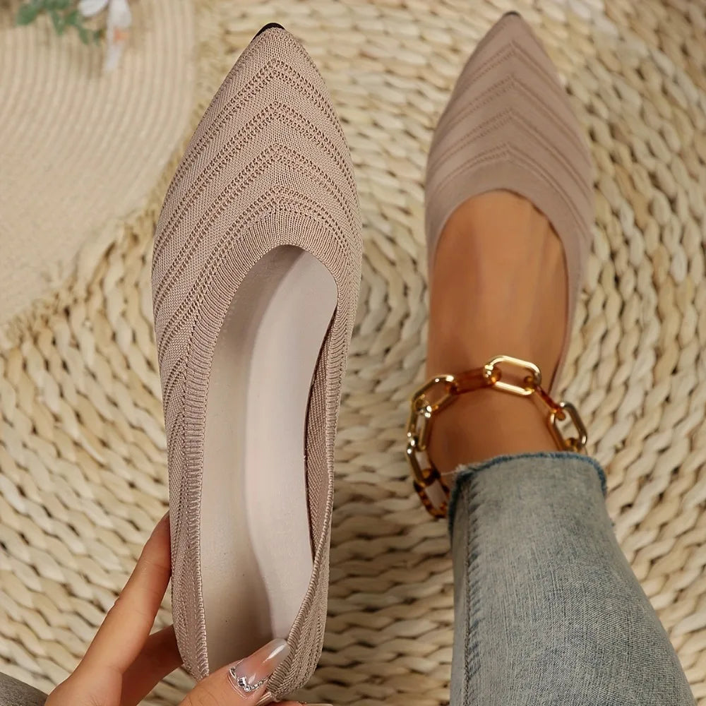 Women’s Solid Color Pointed Toe Knitted Slip-On Flats – Casual Breathable Ballet Loafers