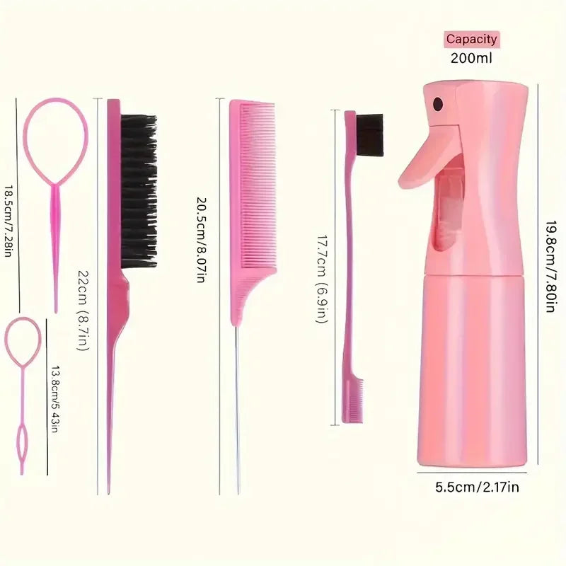 6-Piece Hair Brush Set – Hairdressing Spray Bottle, Braiding Loop, Rat Tail Comb, Teasing & Edge Control Brushes