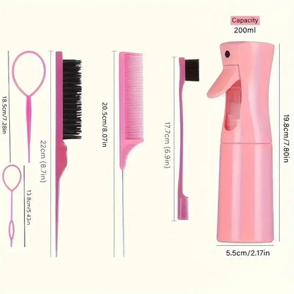 6-Piece Hair Brush Set – Hairdressing Spray Bottle, Braiding Loop, Rat Tail Comb, Teasing & Edge Control Brushes