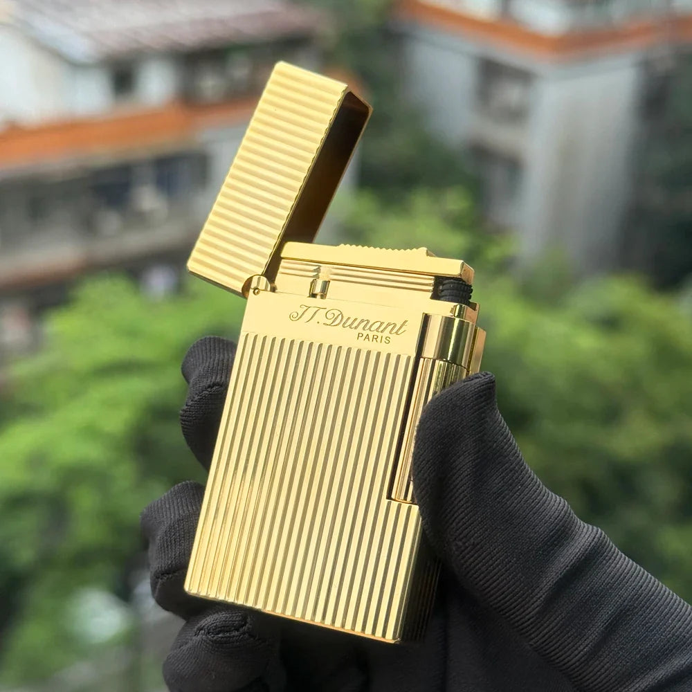 JT.Dunant Luxury Brass Gas Lighter - Refillable Butane Cigarette & Cigar Accessory with Vertical Pattern Design