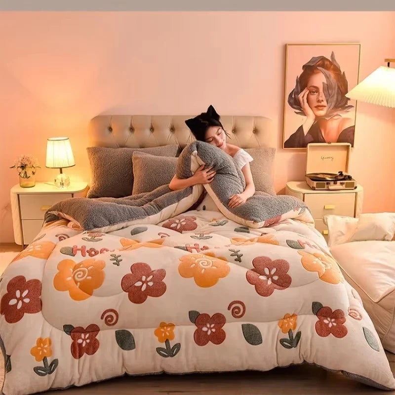Lamb Fleece Blanket – Thick Double-Sided Velvet Warm Quilt for Winter, Single & Double Bed, Cozy Dormitory Comforter