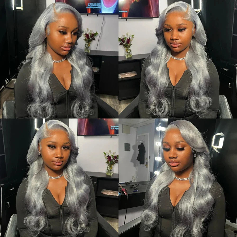 13x6 Silver Grey Body Wave Lace Front Wig – 100% Human Hair, Preplucked 13x4 Lace Frontal Brazilian Wig, 36 Inch