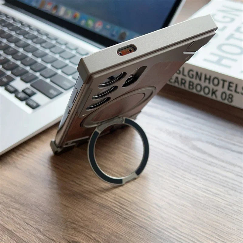 Aluminum & Wooden Magnetic Phone Case – 360° Shockproof Magsafe Cover for Samsung Galaxy S22-S25 Ultra