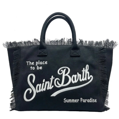 Saint Barth Large Capacity Women's Beach Handbag – European & American Style, Deep Blue Striped Tassel Tote
