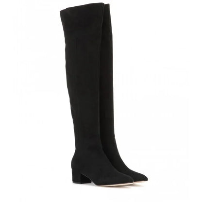 Women’s Over-the-Knee Winter Boots – Round Toe Mid Heel Faux Suede Black Fashion Shoes