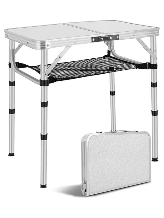Small Folding Camping Table – Portable Lightweight Aluminum with Adjustable Height, Carry Handle & Mesh Holders for Outdoors