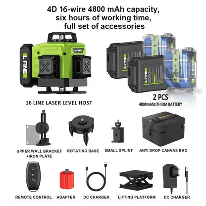 LFINE 3D/4D Laser Level — 12/16 Line Horizontal & Vertical Self-Leveling 360° Laser with Remote Control (8 Lines)