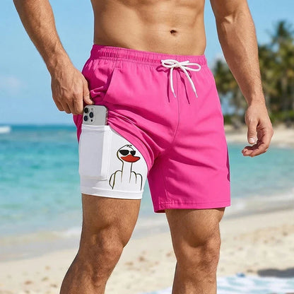 Men's Funny Duck Print Swim Shorts - Quick-Dry 2-in-1 Beach Board Shorts with Phone Pocket