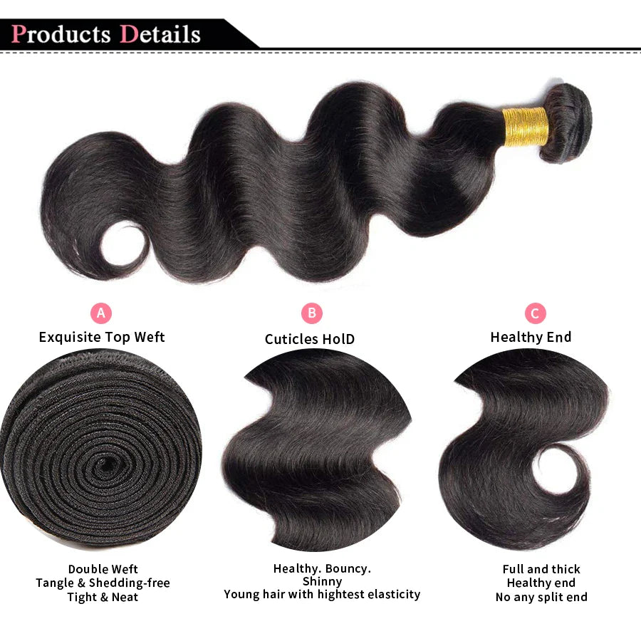 Body Wave Bundles – 100% Brazilian Human Hair Weave Extensions, Natural Black, 3PCS Bundle Deal