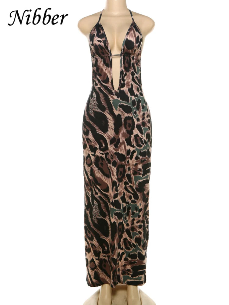 Nibber Leopard Print Women’s Summer Dress – Backless Skinny Halter Bodycon Club Vestidos