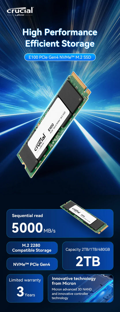 Crucial NVMe M.2 SSD – 480GB/1TB/2TB PCIe 4.0x4 5000MB/s for PS5, Laptop, PC