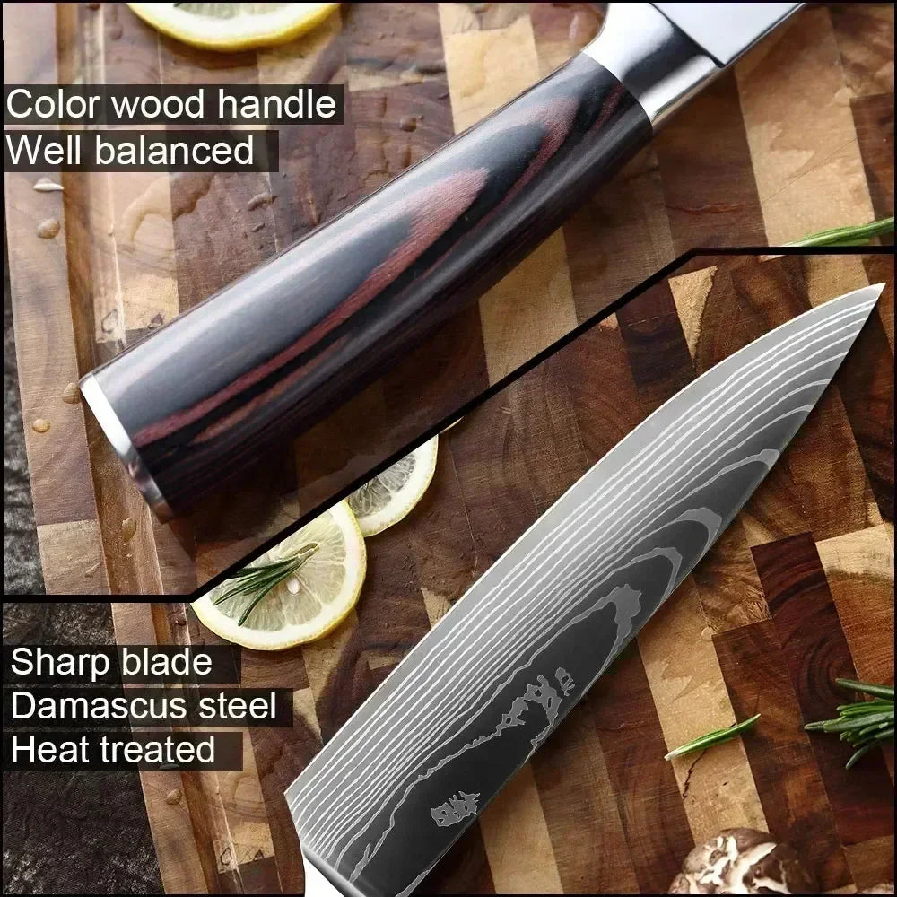 Laser Damascus Kitchen Knife Set – Cleaver, Meat, Fruit, Bread, Boning Knife and Chicken Scissors for Barbecue and Home Cooking