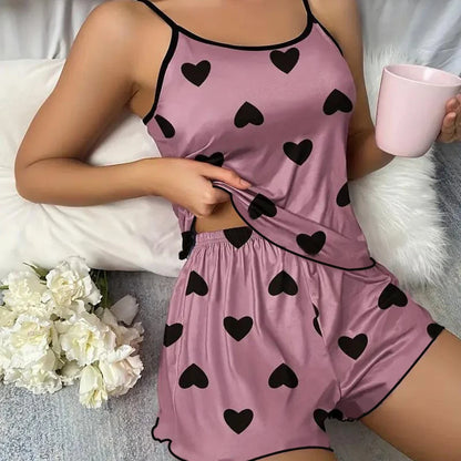 Women’s Summer Pajama Set – Pink Heart Print Ice Silk T-Shirt & Shorts, Comfortable Casual Round Neck Sleepwear