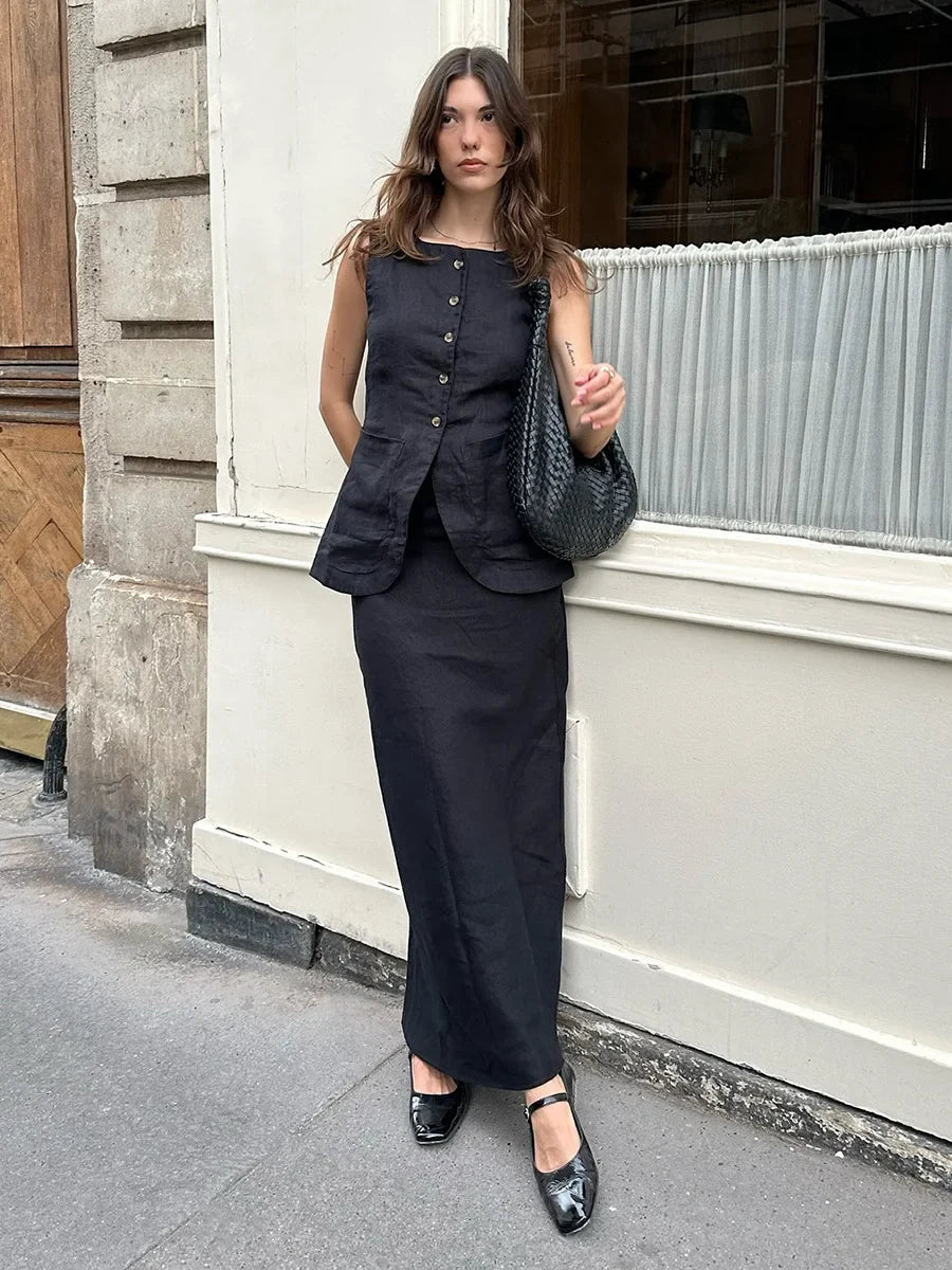 Bornladies Women’s Linen Vest & High Waist Skirt Set – Sleeveless Casual Office Outfit for Spring Summer Fashion Two-Piece Suit