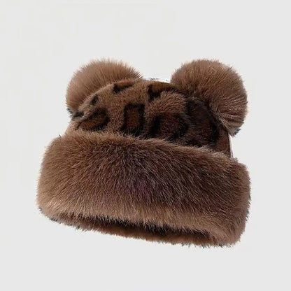 Retro Leopard Print Plush Cat Ear Beanie – Thick Warm Fur Hat for Women, Windproof & Fluffy Winter Snow Cap