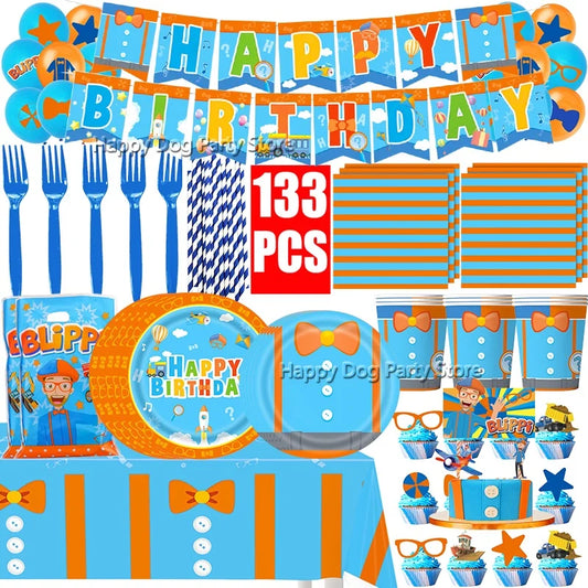 Happy Birthday Party Supplies Set — Cartoon Movie Theme Flag Banner, Paper Tableware, Latex Balloons & Cake Topper Decoration