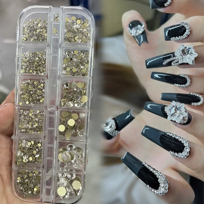 12-Grid 3D Glass AB Crystal Nail Art Rhinestones Kit – Flatback Round Beads with Tools for Nail Jewelry & Diamond Decoration