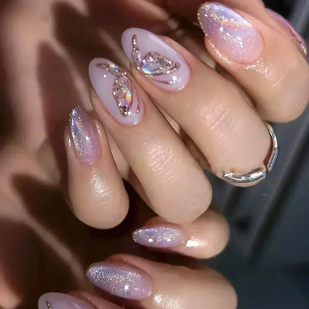 24PCS Pink Almond Press On Nails - Butterfly Ballet French Design Artificial Nail Tips for Stylish Nail Art
