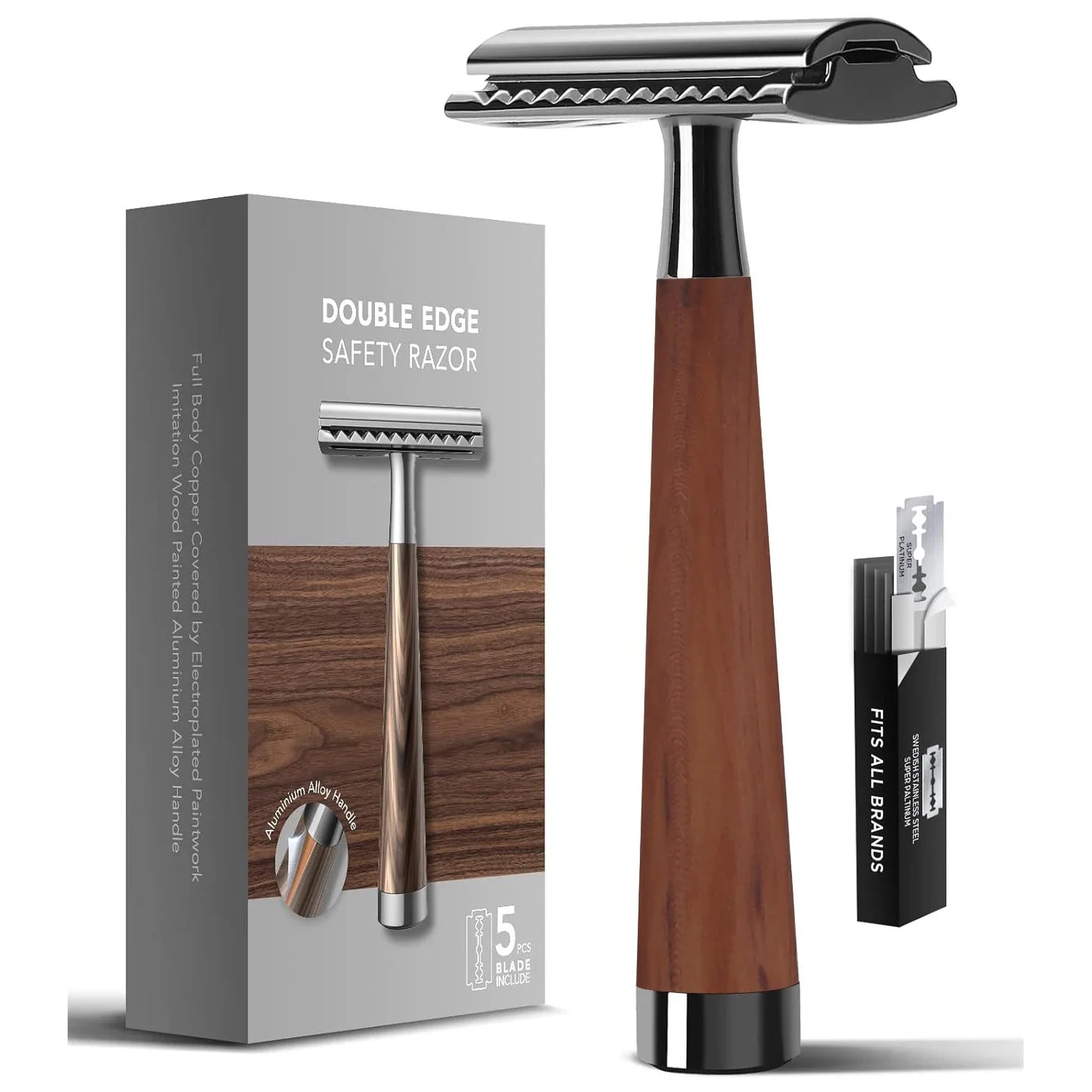 Double Edge Safety Razor – Faux Wood Zinc Alloy Handle with 5 Swiss Stainless Steel Blades, Heavy Duty Eco-Friendly Shaver