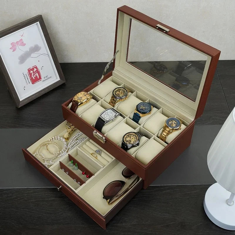 PU Leather Jewelry & Watch Organizer Box — Storage Case for Rings, Earrings, Bracelets, Perfect Gift Casket